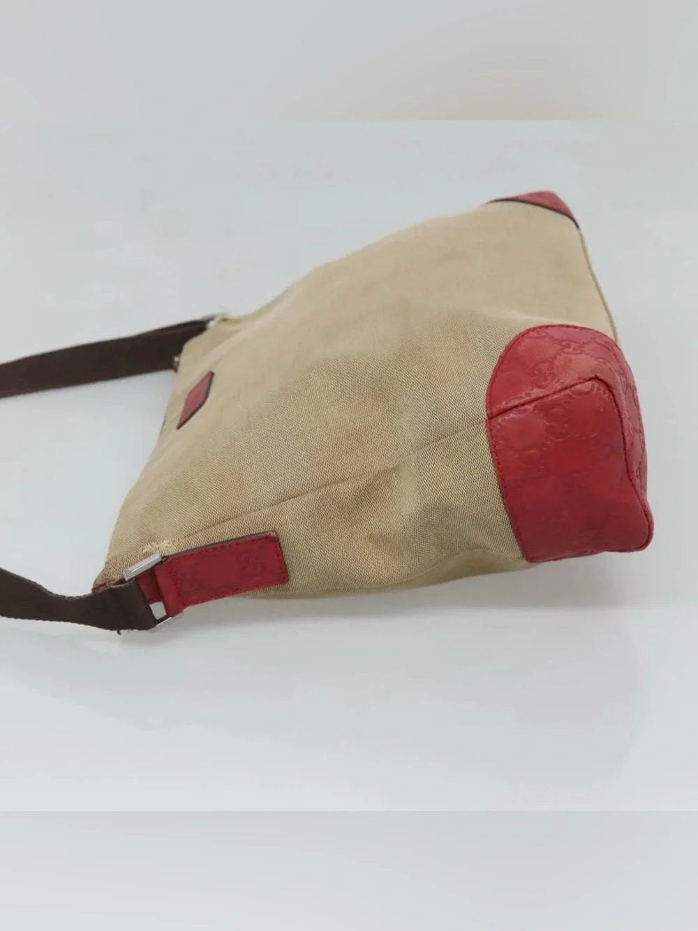 👜 GUCCI Beige Canvas Messenger Bag Red Leather Accents Authentic Guccissima